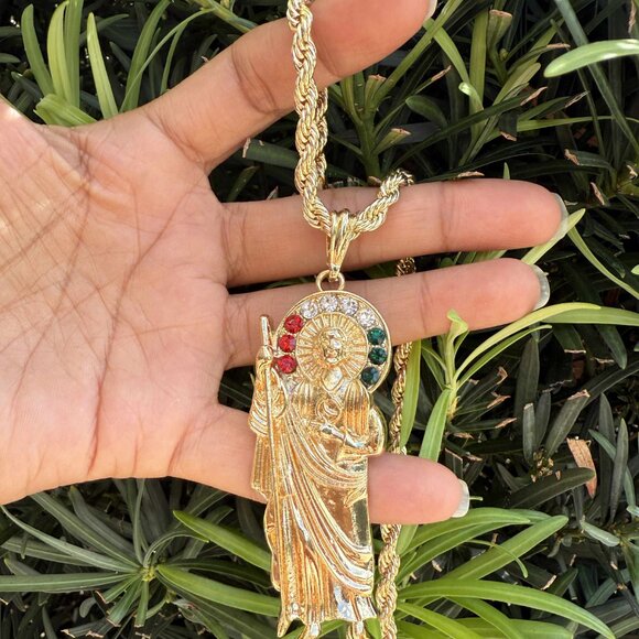 St Jude Thaddeus Pendant Necklace 14K Gold Plated Religious Rope Torch 20x4mm - Picture 2 of 6